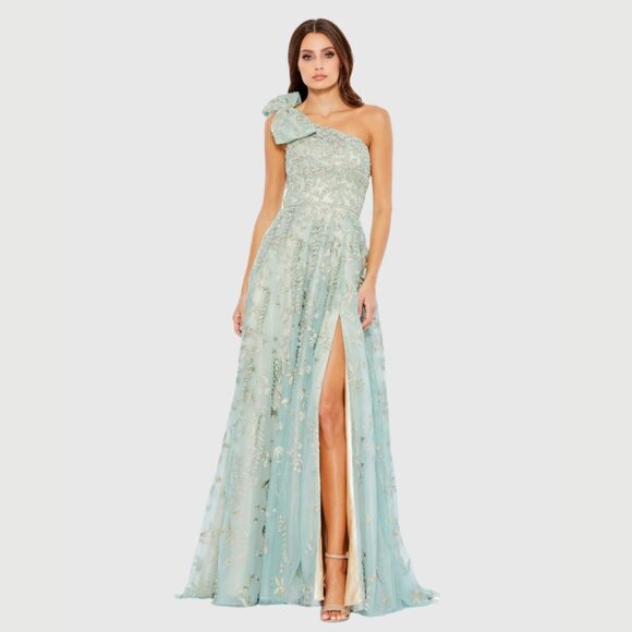 Mac Duggal 11177 Size 8 Sage Green Embellished Bow One Shoulder Aline Gown Dress - Picture 2 of 6